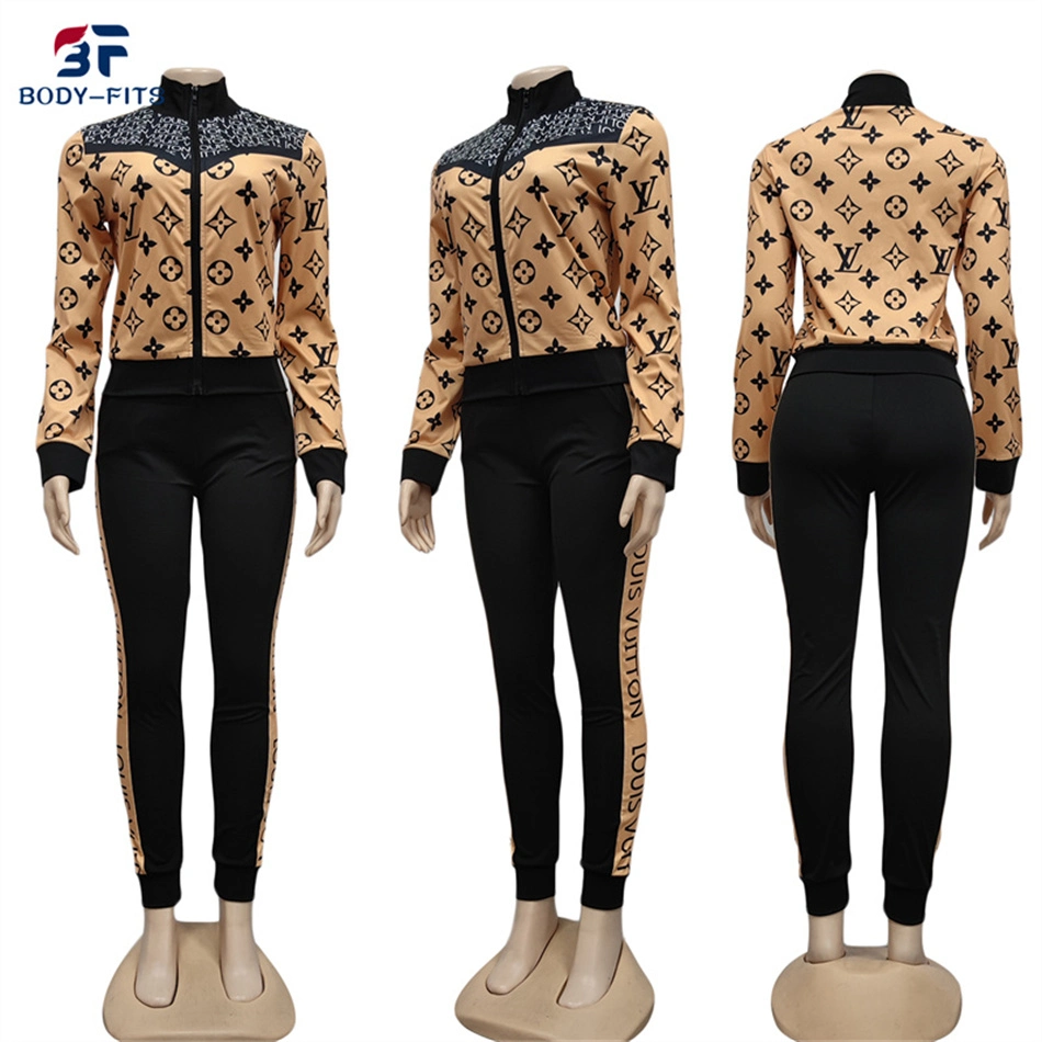 Custom Sweatsuit Zip up Tracksuit Designer Print 2 Piece Jogger Suit for Women