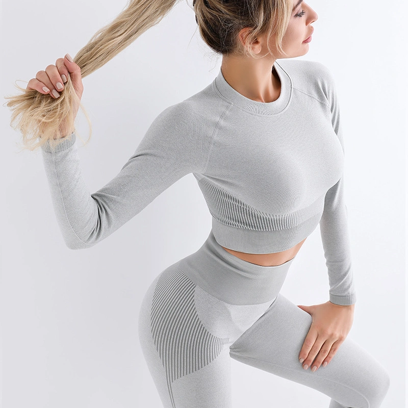 Women Seamless Yoga Set Fitness Sports Suits Ribbed Long Sleeve Trousers Yoga Wear Suit Slim Leisure Yoga Set
