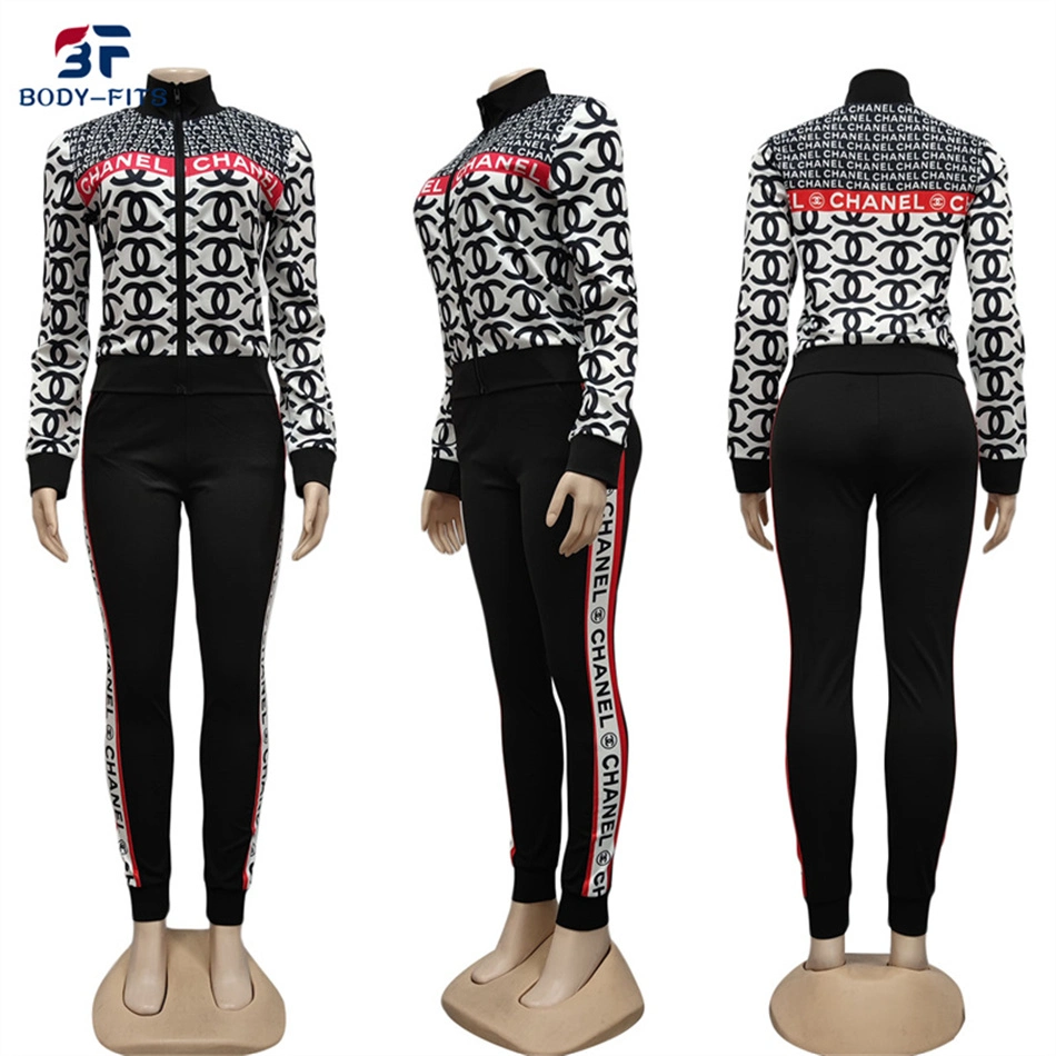 Custom Sweatsuit Zip up Tracksuit Designer Print 2 Piece Jogger Suit for Women