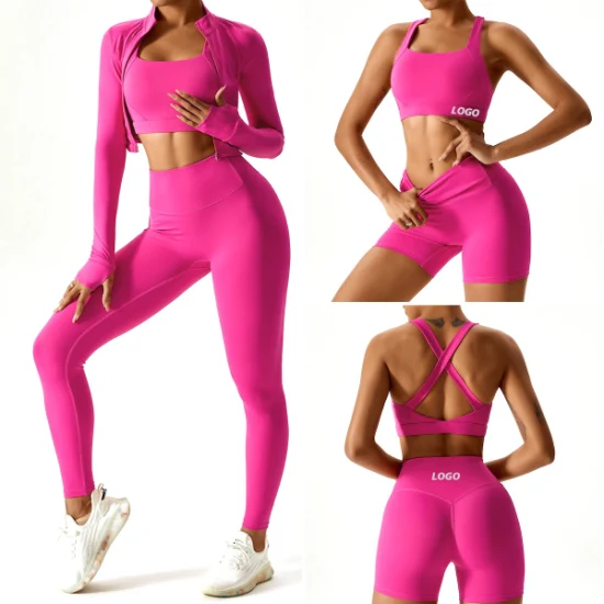 Nueva llegada 2/3/4PCS Ropa de entrenamiento para correr sexy para mujeres, logotipo personalizado Fitness Yoga Set Butt Lifting Shorts + Leggings + Gym Bra + Zipper Jacket Activewear
