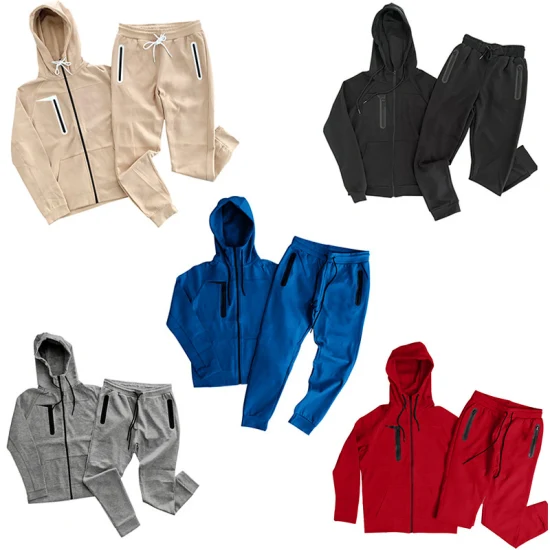 Venta al por mayor Mens Sweat Suits Zips 2 piezas con capucha Set Jogging Suit Tech Fleece Track Suit Jacket Chándales para hombres