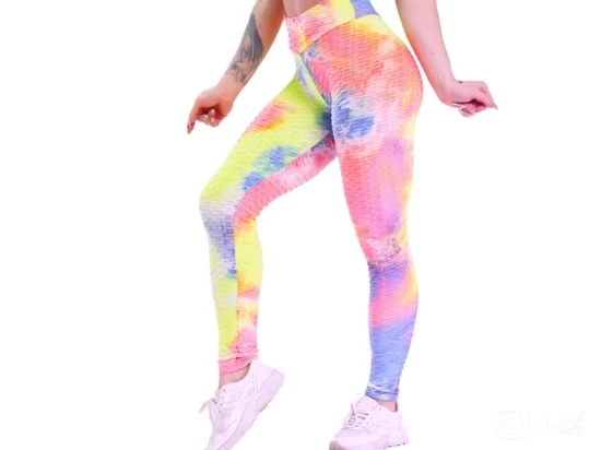 Pantalones de yoga con efecto tie dye de cintura alta para levantamiento de cadera color melocotón multicolor