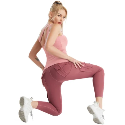 Hit Style Active Wear para mujer Chaleco de un hombro con copa extraíble Top Manga larga Bolsillos laterales Pantalones Yoga Conjuntos deportivos Ropa